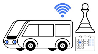 Kablosuz, satranç piyonu planlama sembolü olan otonom bir otobüs ve işaretli takvim günü. Ulaşım, strateji, programlama, akıllı hareket kabiliyeti, bağlantı kentsel planlama yeniliği için ideal. Düz