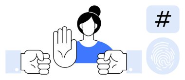 Bir meta veri etiketi ve parmak izi ikonları eşliğinde anlaşmazlık içindeki iki yumruğu durdurmak için elini kaldıran kadın. Çatışma çözümü, takım çalışması, güvenlik, mahremiyet, liderlik, bireysellik için ideal