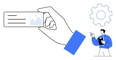 Kimlik kartında fotoğraf ve metin var. Profesyonel bir iş adamı, pano tutuyor. Vites simgesi işlemleri simgeliyor. Kimlik, iş, organizasyon, profesyonellik ve sistemler için ideal