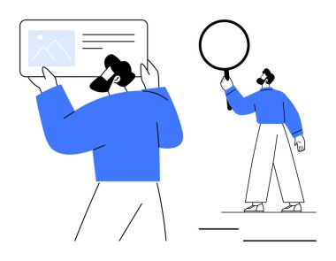 Verileri inceleyen iki kişi bir görüntü kartı taşırken, diğeri ayrıntıları büyüteçle kontrol ediyor. Analiz, araştırma, takım çalışması, problem çözme, keşif, strateji, basit