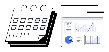 Ayrılmış sayfalar ve grafik, grafik ve veri içgörülerinin yer aldığı dijital panelli takvim. Zaman yönetimi, zamanlama, organizasyon, planlama, iş analizleri, üretkenlik araçları için ideal