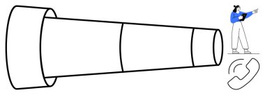 Dışarıya doğru uzanan büyük bir teleskop, elinde bir tablet tutarken yanında bir telefon ikonu olan bir kadın. Yenilik, iletişim, arama, keşif, strateji, rehberlik için ideal basit iniş sayfası