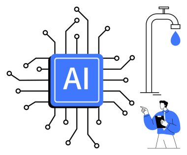 Su musluğu ve tablet tutan kişinin yanında ağları sembolize eden bağlı devreli yapay zeka işlemci çipi. AI teknolojisi, yenilik, ağ, veri akışı, kaynak yönetimi için ideal