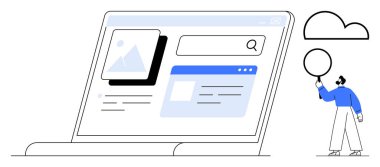 Görüntü çerçevesi, arama çubuğu ve içerik modülü olan büyük bir laptop ekranı. Kişi bulut ve balon tutar. Teknoloji, yenilik, yaratıcılık, arama, veri iletişimi için ideal basit iniş sayfası