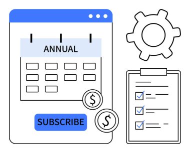 Abone düğmeli yıllık takvim, mavi keneli kontrol listesi, ayarlar için dişli ve dolar işaretli. Program, abonelik, finans, görev yönetimi, planlama iş akışı dairesi için ideal