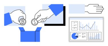 Elleri kripto para ve bozuk paraları ekranında grafikler olan bir kutuya aktarıyor. Finans, yatırım, kitle fonlama, hayır kurumu, analitik, fintech, basit iniş sayfası için ideal