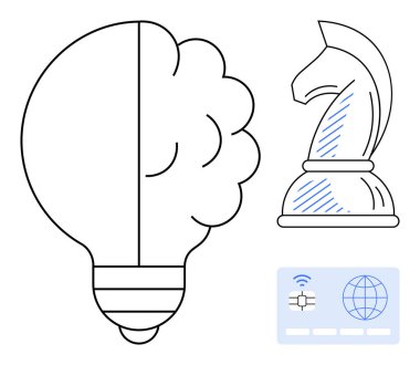 Yarım beyin ampulü yeniliği simgeler, satranç şövalyesi stratejiyi simgeler, ve teknolojiyle bağlantısı olan kredi kartı. Yaratıcılık, planlama, dijital çözümler, iş dünyası, strateji için ideal