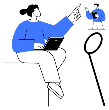 Elinde dizüstü bilgisayarla oturan bir kadın, elinde dosya tutan büyütülmüş bir figürü işaret ediyor. Liderlik, yön, takım çalışması, iletişim, rehberlik, analiz ve karar verme için ideal. Düz basit