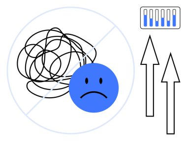 Karmaşık çizgilerin yanında üzgün yüz, kaosu simgeler, yukarı doğru daire şeklinde oklar ve gelişim çubuğu ipuçları ile engellenir. Ruh sağlığı, büyüme, kişisel gelişim, sağlık, motivasyon ve terapi için ideal