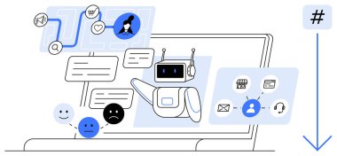 Robot mesajlaşması, kullanıcı duyguları ve bilgisayar ekranında uygulama simgeleri. Yapay zeka, sohbet robotu tasarımı, müşteri geribildirimi, otomasyon, dijital iletişim, çevrimiçi hizmetler için ideal basit iniş sayfası