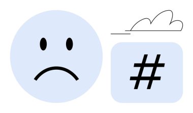 Üzgün yüz simgesi bir üstveri etiketi ve biçimlendirilmiş bulut altı çizgisi ile eşleştirildi. Duygular için ideal, sosyal medya, zihinsel sağlık farkındalığı, dijital iletişim, minimalizm, melankolik kavramlar, basit