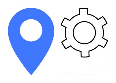 Mavi lokasyon rozeti siyah çizgili bir dişlinin yanında, navigasyonu sembolize ediyor, sistem optimizasyonunu, işlem yönetimini. Teknoloji, üretkenlik, mühendislik, blog grafikleri, uygulama arayüzleri için ideal