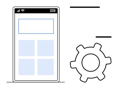 Geniş çark simgesinin yanında ızgara düzeni olan akıllı telefon ekranı, özelleştirmeyi vurguluyor. Uygulama tasarımı, yazılım, kullanıcı arayüzü, teknoloji, geliştirme, yenilik, düz basit metafor için ideal