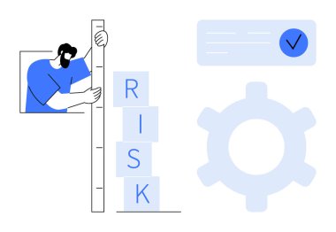Adamın elinde kontrol listesi ve teçhizatla birlikte işaretlenmiş engellere karşı bir cetvel var. Risk yönetimi, strateji, değerlendirme, problem çözme, planlama, iş hedefleri, karar verme. Düz