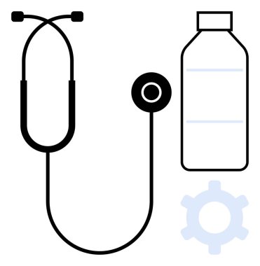 Stetoskop, birbirine bağlı kulaklıklar, ilaç şişesi ve vites kutusu. Sağlık, tanı, tıbbi yenilik, ilaç, tedavi, eczane teknolojisi entegrasyonu için idealdir. Düz basit