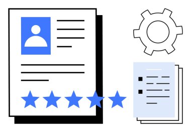 İçinde fotoğraf, detay, beş dereceli yıldız, istiflenmiş kağıtlar ve vites simgesi olan profil belgesi. Performans değerlendirmesi, kalite değerlendirmesi, HR, görev yönetimi kullanıcı geribildirimi için ideal basit