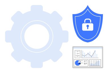 İşlem otomasyonu için vites, güvenlik için asma kilit, veri gösterge paneli analitiği. Teknoloji, siber güvenlik, veri koruması, sistem optimizasyonu, bilişim stratejisi, iş için ideal