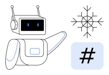 Meta veri etiketinde ve kar tanesinde teknolojiyi, trendleri ve dijital çağı temsil eden insansı robot hareketi. Yapay zeka, yenilik, sosyal medya, kodlama, teknoloji eğitimi için idealdir.