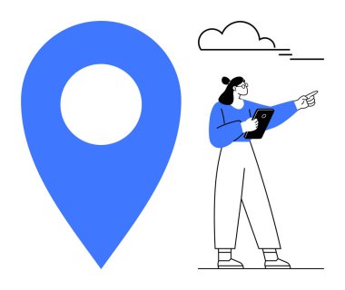 Üzerinde tablet tutan ve bulutun altını gösteren bir kadın olan büyük mavi bir harita iğnesi. Navigasyon, konum hizmetleri, seyahat planlaması, haritalar, konum belirleme, strateji, basit iniş sayfası için ideal