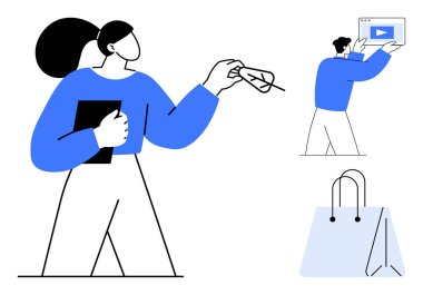 Tabletli bir kadın, elinde gözlük olan bir adam, yanında da video ekranı olan bir alışveriş çantası. İş için ideal, e-öğrenim, çevrimiçi alışveriş, e-ticaret, takım çalışması, basit iniş sayfası planlama