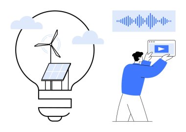 Güneş paneli ve rüzgar türbinli ampul, multimedya içeriği ile etkileşen adam, ses dalgası görselleştirmesi. Sürdürülebilirlik, temiz enerji, yenilik, çevre teknolojisi ve dijital ortam için ideal