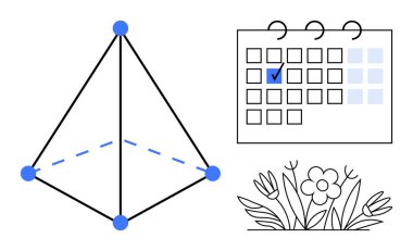 Geometrik dörtyüzlü, elle çizilmiş çiçek çizimi ve işaretli takvim tarihi. Planlama, organizasyon, teslim tarihleri, büyüme ve yaratıcılık eğitimi için ideal. Düz basit metafor