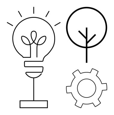 Bitkili bir ampul, bir ağaç ve yaratıcılığı, doğayı ve makineleri sembolize eden bir dişli. Sürdürülebilirlik, yenilenebilir enerji, yenilik, büyüme teknolojisi, ekolojik farkındalık için ideal basit iniş sayfası