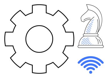 Dişliler makine ve süreci simgeler, satranç şövalyesi stratejiyi temsil eder, ve kablosuz sinyal teknolojiyi iletir. Yenilik, planlama, otomasyon, dijital dönüşüm, bağlantı için ideal