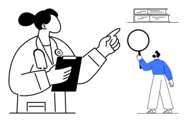 Araştırmacıların verileri incelemesi için tıbbi profesyonelce bir hareket. Sağlık, eğitim, araştırma, takım çalışması, yenilik, analiz, bilim iletişimi, basit iniş sayfası için ideal