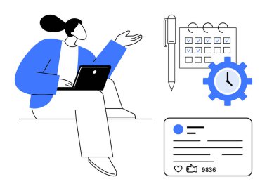 Dizüstü bilgisayar kullanan, el kol hareketi yapan, işaretli bir takvim, kalem, saat, ekipman ve sosyal medya istatistikleri ile birlikte düzenlenmiş bir kadın profesyonel. Üretkenlik, zamanlama, takım çalışması pazarlama işi için ideal