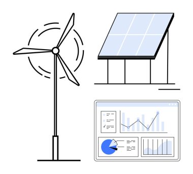Rüzgar türbini enerji üretiyor, güneş paneli güneş ışığını emiyor, analitik gösterge paneli verileri izliyor. Yenilenebilir sanayi, sürdürülebilirlik, teknoloji, temiz enerji, çevre ve yeşil için ideal