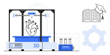 3D yazıcı, anatomik kalp, laboratuvar aletleri, vitesler ve mezuniyet şapkalı açık bir kitap üretiyor. Sağlık, teknoloji, eğitim, araştırma, yenilik, tasarım için ideal düz metafor