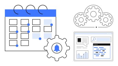 İşaretli tarihli takvim, bildirim sembollü çark, vites ve analitik ekran. Zamanlama, görev yönetimi, otomasyon, veri analizi, hatırlatıcı planlama ve basit bir iniş için ideal