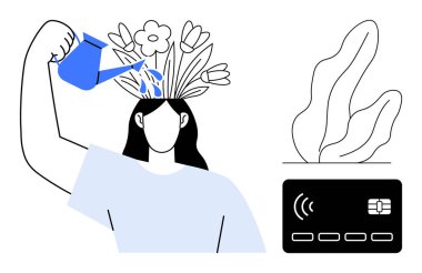 Kafasından büyüyen çiçekleri sulayan kadın yaratıcılığı, büyümeyi, kendine bakımı simgeliyor. Ödeme kartının ve yapraklı elementlerin yanında. Sağlık, farkındalık, finansal okur-yazarlık için ideal.