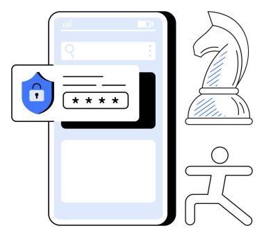 Parola girişi ve kalkan ikonu olan mobil ekran, stratejiyi sembolize eden satranç şövalyesi, çevik poz veren figür. Siber güvenlik, strateji, çeviklik, koruma, risk yönetimi ve teknoloji için ideal