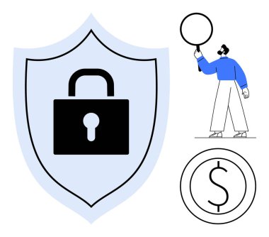 Siber güvenliği simgeleyen kalkandaki asma kilit, güvenlik kavramına işaret eden kişi ve madeni parayı temsil eden para. Dijital güvenlik, iş, bankacılık, çevrimiçi işlemler, şifreleme, mahremiyet için ideal