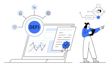 Analitik gösteren dizüstü bilgisayar, DeFi rozeti, akıllı sözleşme belgesi ve veri analiz eden kullanıcı. Finans, engelleme zinciri, kripto para birimi, yenilik, analiz fintech basit iniş sayfası için ideal