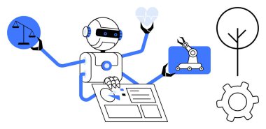 Robot verileri analiz ediyor, ölçek tutuyor, bir kalp ve bir teknoloji modeli tutuyor. Vites, ağaç dengeyi, yeniliği sembolize eder. Yapay zeka, robotik veri karar verme verimliliği etik sürdürülebilirliği için ideal