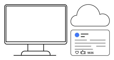 Bilgisayar monitörü, bulut simgesi ve başparmaklı sosyal medya kartı. Teknoloji, sosyal medya, bulut depolama, çevrimiçi pazarlama, dijital iletişim, kullanıcı bağlantısı için ideal