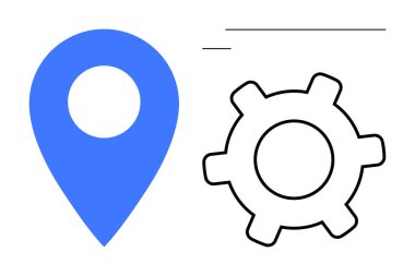 Mavi pim konumu simgeliyor. Yapılandırma ve süreci temsil eden siyah bir dişli ile eşleştiriliyor. Teknoloji, navigasyon, ayarlar, kullanılabilirlik, hizmetler, haritalar, planlama için ideal. Düz basit metafor