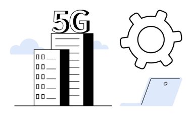 Dişli simgesi ve dizüstü bilgisayarın yanında 5G etiketli yüksek binalar teknolojiyi, yeniliği, bağlantıyı, kentsel gelişimi, veri işlemeyi, modern iletişimi, düz basit metaforu ön plana çıkarıyor