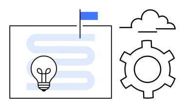 Fikirler için ampul, süreç için teçhizat, kilometre taşı için bayrak, bağlantı için bulut. İnovasyon, üretkenlik, hedef belirleme, planlama, takım çalışması tasarımı için ideal basit bir iniş sayfası