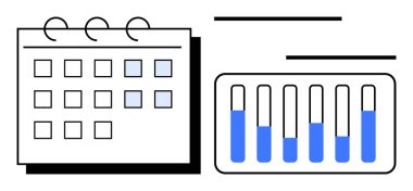 İşaretli günleri olan bir takvim ve veri ilerlemesini görselleştiren yatay çubuk grafiği. Planlama, üretkenlik, veri takibi, zaman yönetimi, organizasyon, iş akışı, basit iniş sayfası için ideal