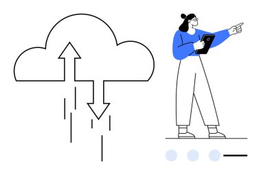 Elinde tablet olan ve işaret eden bir kadının yanında veri senkronizasyonu gösteren oklarla bulut. Bulut hesaplama, veri yönetimi, teknolojik yenilikler, iş stratejisi, takım çalışması görselleri ve başlangıç için ideal