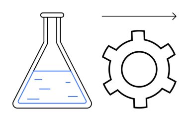 Sıvı, dişli ve oklu laboratuvar şişesi ilerlemeyi gösteriyor. Bilim, araştırma, yenilik, teknoloji, gelişim mühendisliği veya eğitim için idealdir. Basit bir iniş için mükemmel.