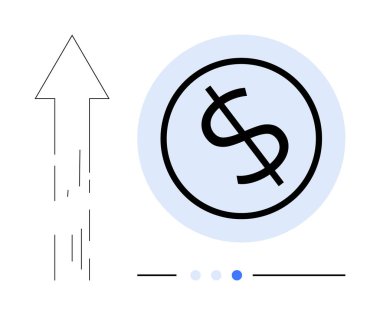 Çemberin içinde yükselen bir okla şekillendirilmiş dolar işareti, büyüme ve finansal ilerlemeyi temsil ediyor. İş, yatırım, tasarruf, büyüme analizi, mali başarı ve sunum için ideal