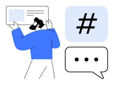 Multimedya gönderisi, büyük meta veri etiketi sembolü ve konuşma baloncuğu ile meşgul olan kişi. Sosyal ağ, içerik paylaşımı, çevrimiçi varlık, bağlılık, iletişim, basit iniş için ideal