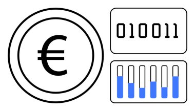 Çember içinde Euro sembolü, ikili kod paneli ve mavi çubuklar. Dijital ekonomi, bankacılık, fintech, engelleme zinciri, veri analizleri, finansal izleme ve basit iniş sayfası için ideal