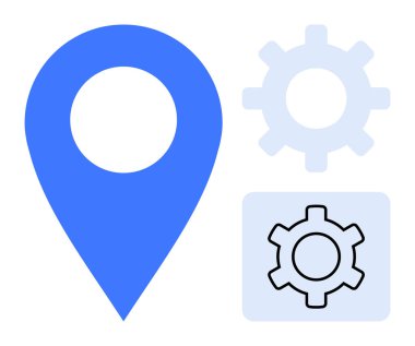 Mavi lokasyon ve iki vites simgesi konumu, navigasyonu, konfigürasyonu ve teknolojiyi vurguluyor. Haritalama, GPS, özelleştirme, araçlar, uygulama geliştirme teknolojisi için ideal basit iniş sayfası