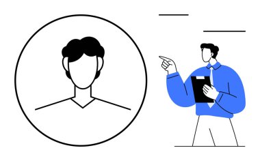 Bir daire içinde büyüyen kullanıcı profili simgesine işaret ederken elinde belge tutan adam. Kimlik doğrulama, kullanıcı profilleri, eğitim, dijital kimlik, iletişim, rehberlik, takım çalışması için ideal. Düz